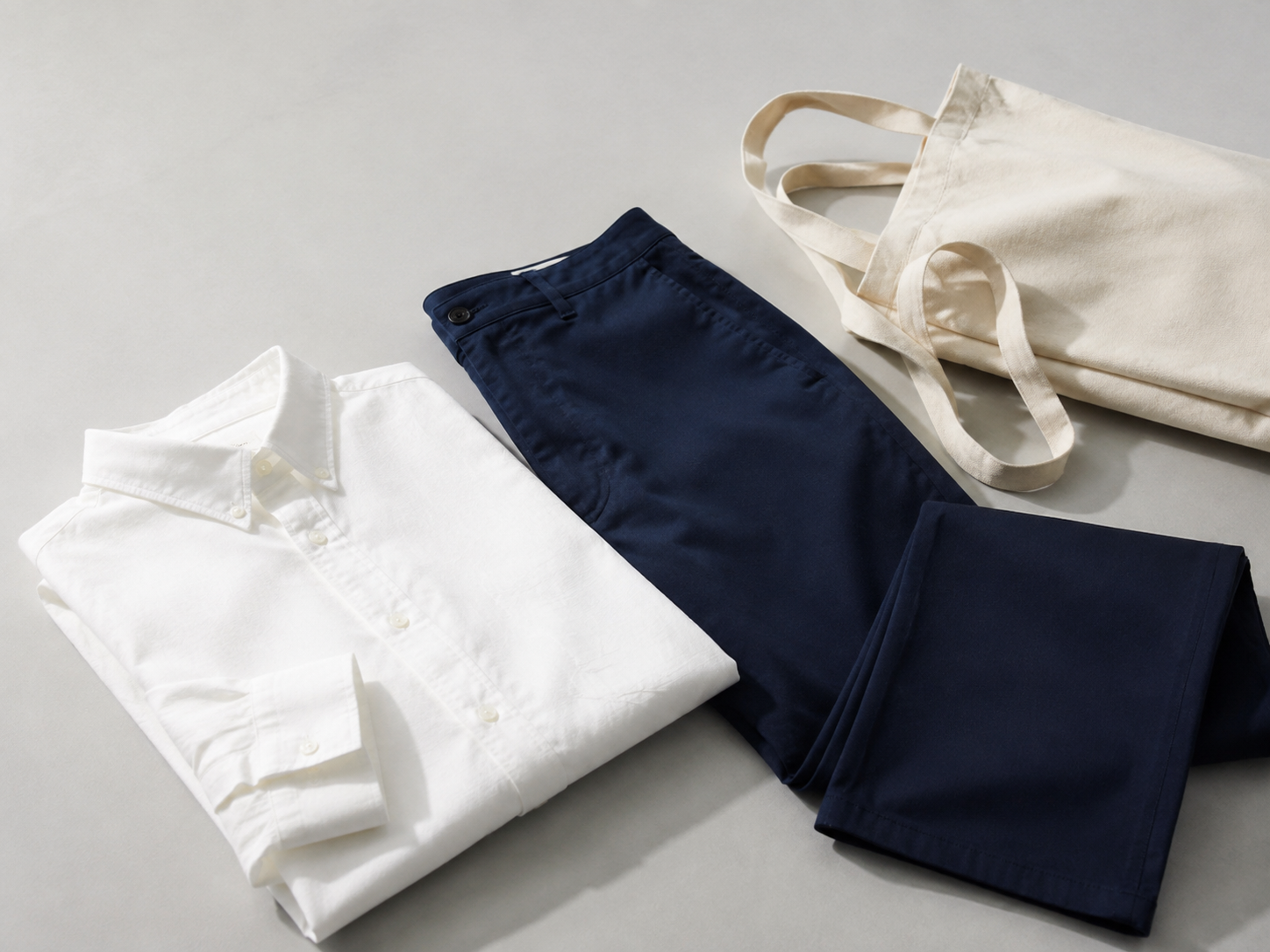 服饰生活模板的示例陈列：白衬衫、深色长裤与帆布包