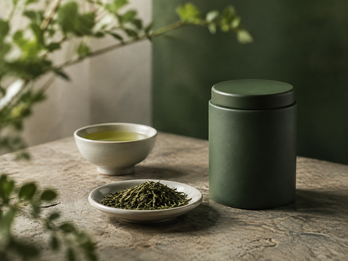 茶饮食品模板的示例陈列：茶罐、茶叶与茶杯